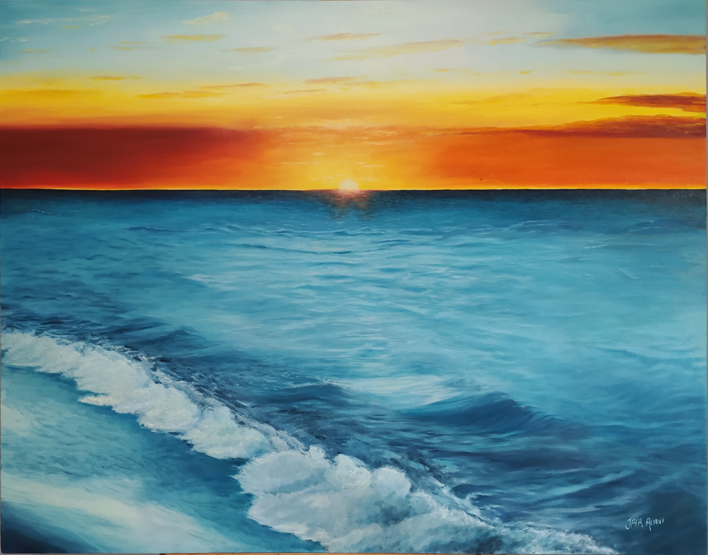 quadro pintura Nascer do Sol na praia 70x90cm por Jair Alievi